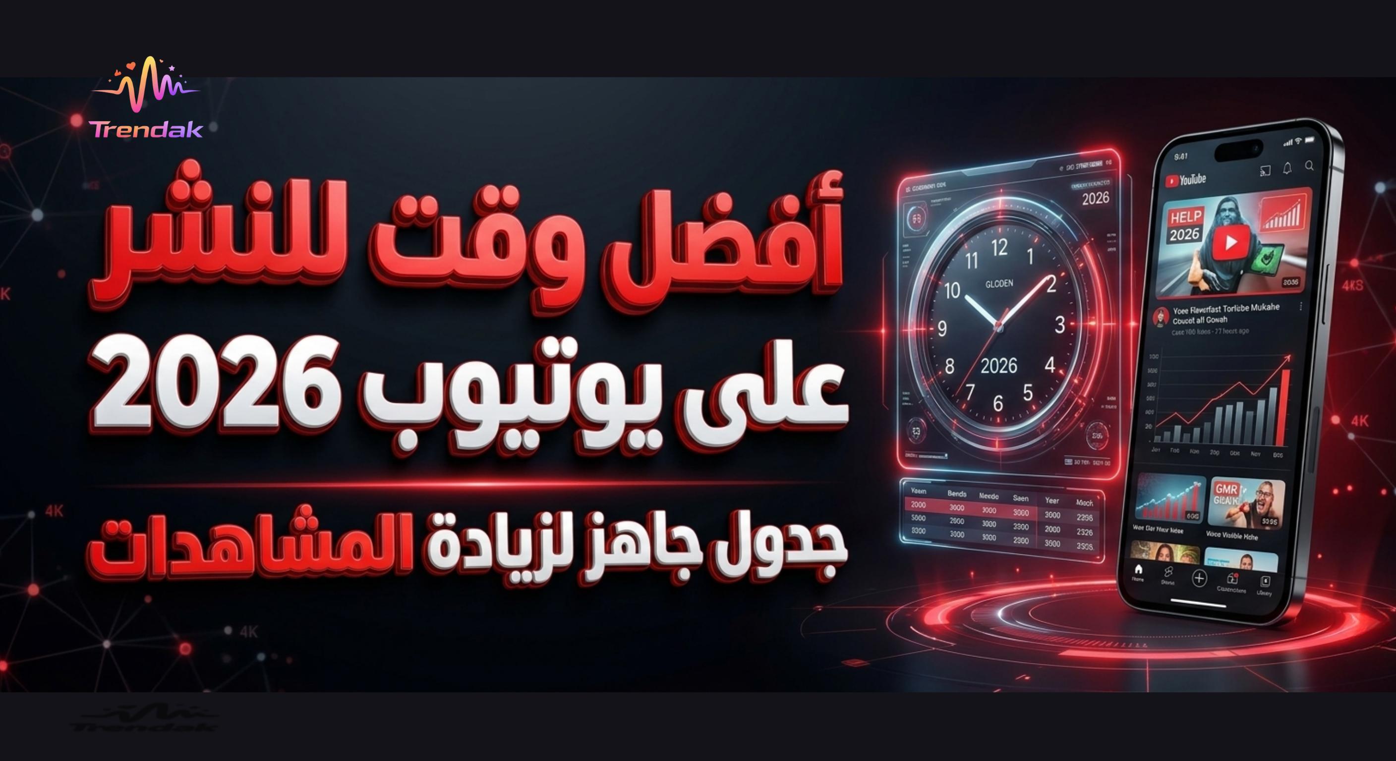 أفضل وقت للنشر على يوتيوب 2026، جدول يوضح أوقات النشر المثالية، شاشة تعرض فيديو يوتيوب بمشاهدات مرتفعة