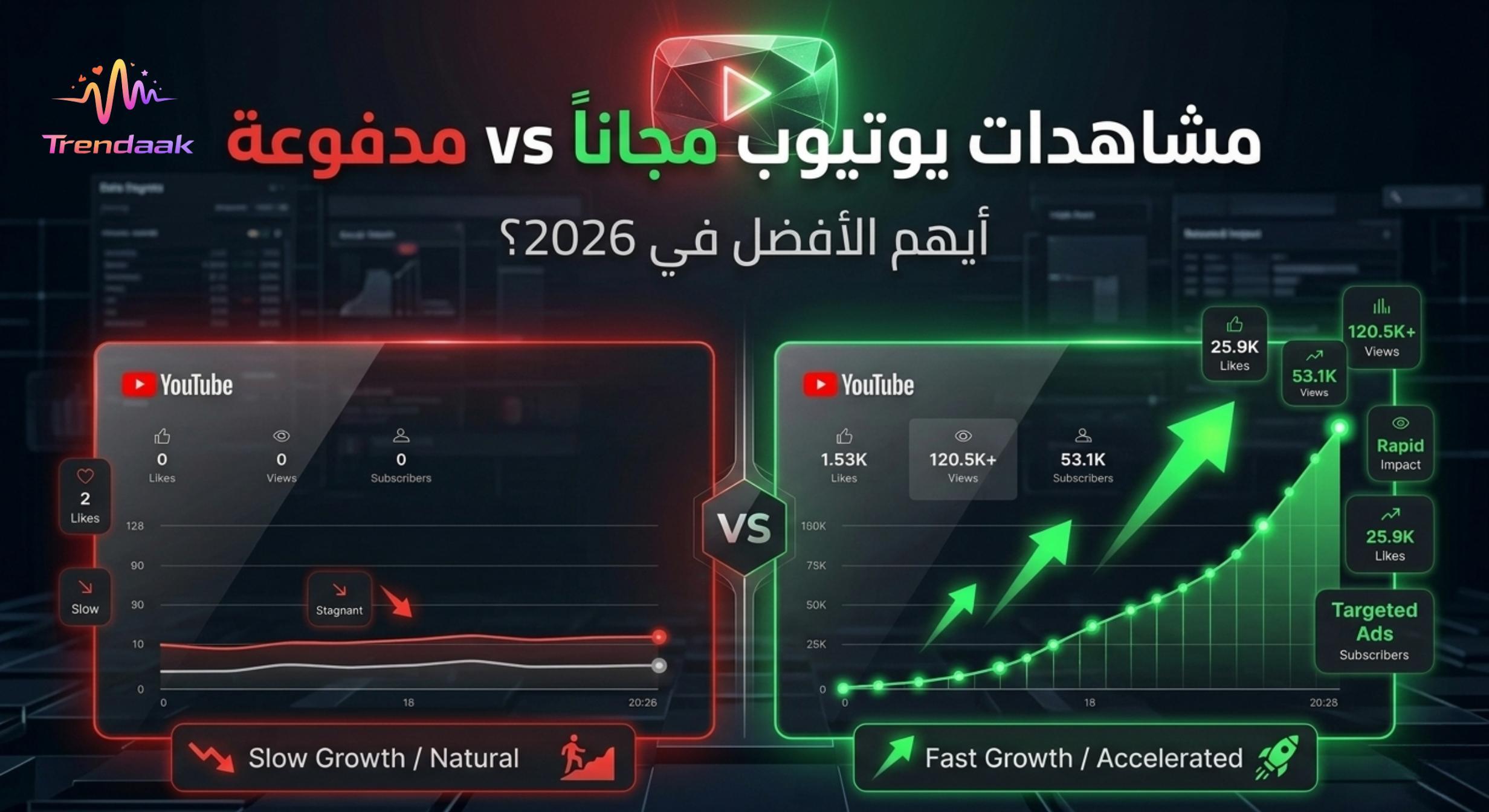 مقارنة بين زيادة مشاهدات يوتيوب مجانا والمدفوعة، رسم يوضح الفرق في النمو، شاشة تعرض فيديو بمشاهدات مرتفعة